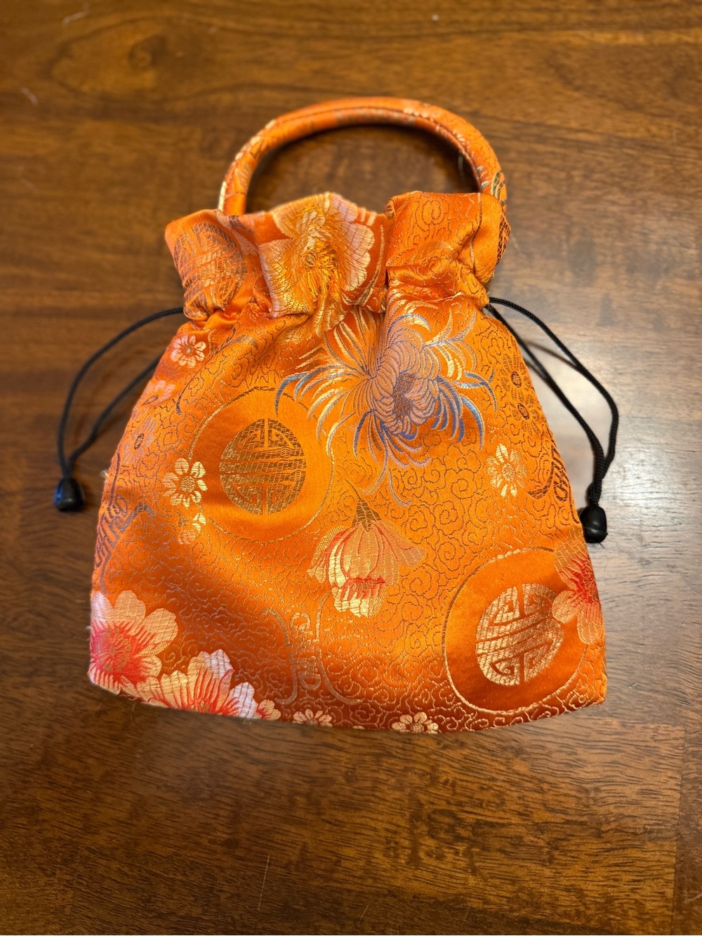 Asian Orange Floral Silk Jacquard Mini Drawstring Bag